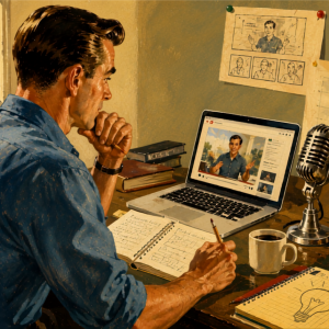 Illustrated scene of a content creator sitting at a desk, watching a video of himself on a laptop while taking notes in a notebook. A vintage microphone, coffee mug, books, pencils, and retro cameras surround the workspace. Storyboard sketches and an upward-trending chart hang on the wall, suggesting video planning, content strategy, and audience growth. Warm, mid-century editorial illustration style with natural light streaming through a window.